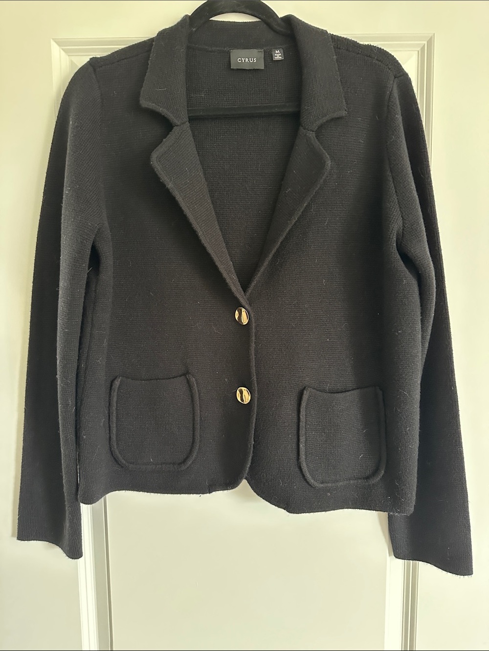 Cyrus Black Knit Notch-Collar Blazer with Gold Buttons